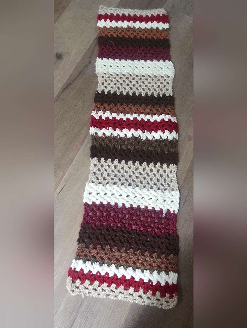 Artisan Crochet Table Runner, 54x15 Autumn Earth Tones Table Farmhouse Boho Deco